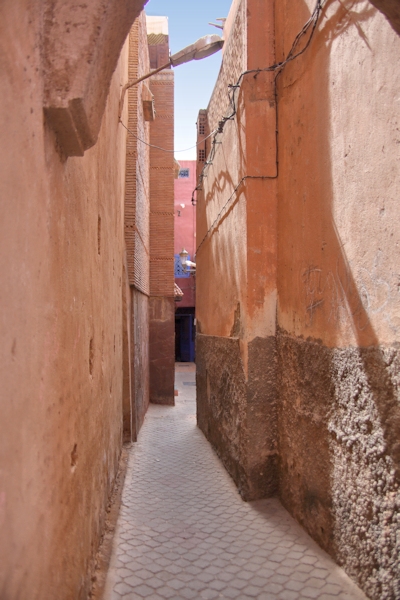 The narrow streets of the Medina in Marrakesh, Morocco
