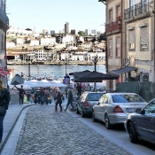 Walking down to the river front. The Douro River flows from north central Spain across Portugal to its outlet at Porto.